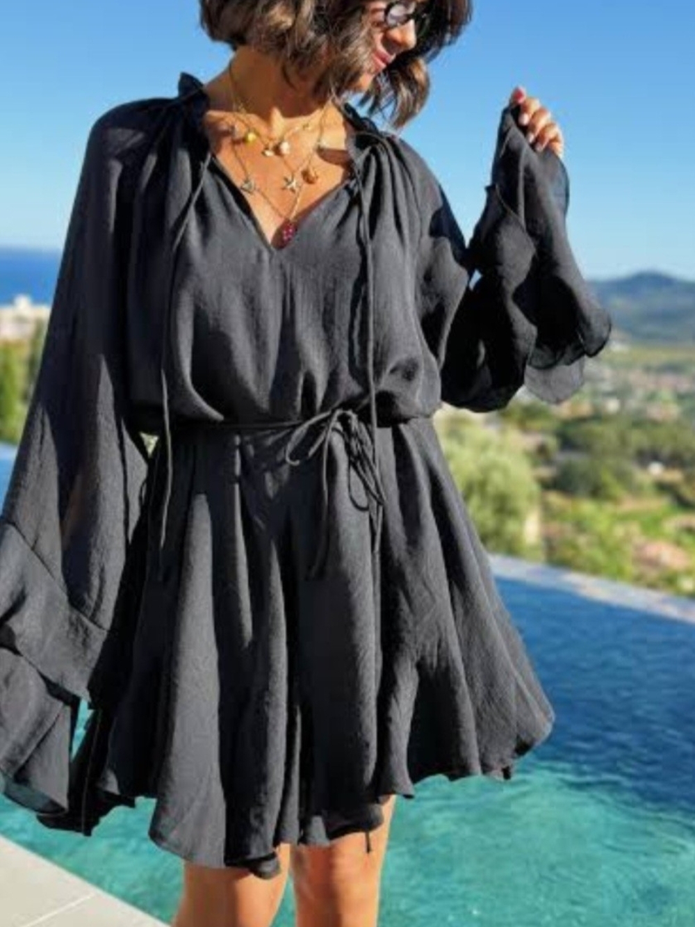 Alice + Olivia Adaline Ruffled Mini Tunic Dress Black Size M NWT